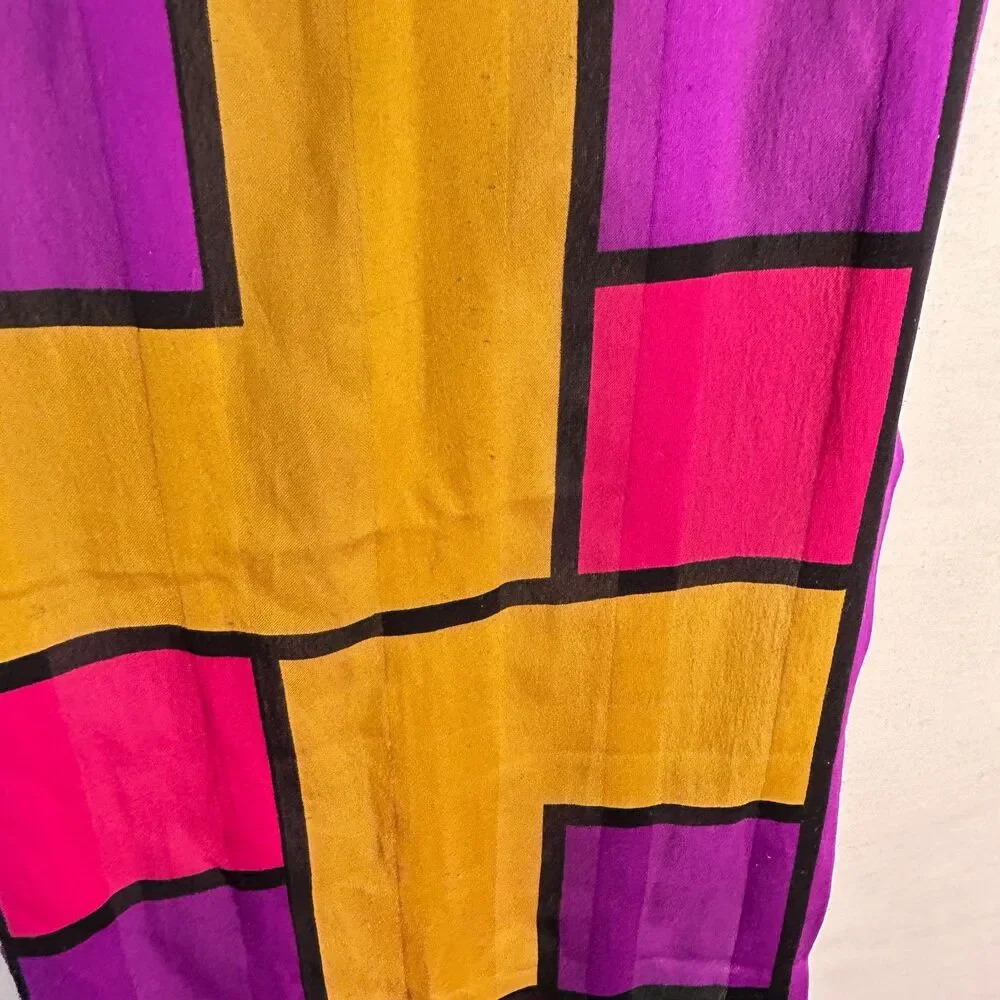 Vintage 80s Purple Multicolor Stained Glass Colorblock Rectangular Silk Scarf